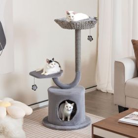 42 Inch Cat Tower with Curved Metal Supporting Frame for Large and Small Cats (Main Material: Wood, Main Color: Gray)